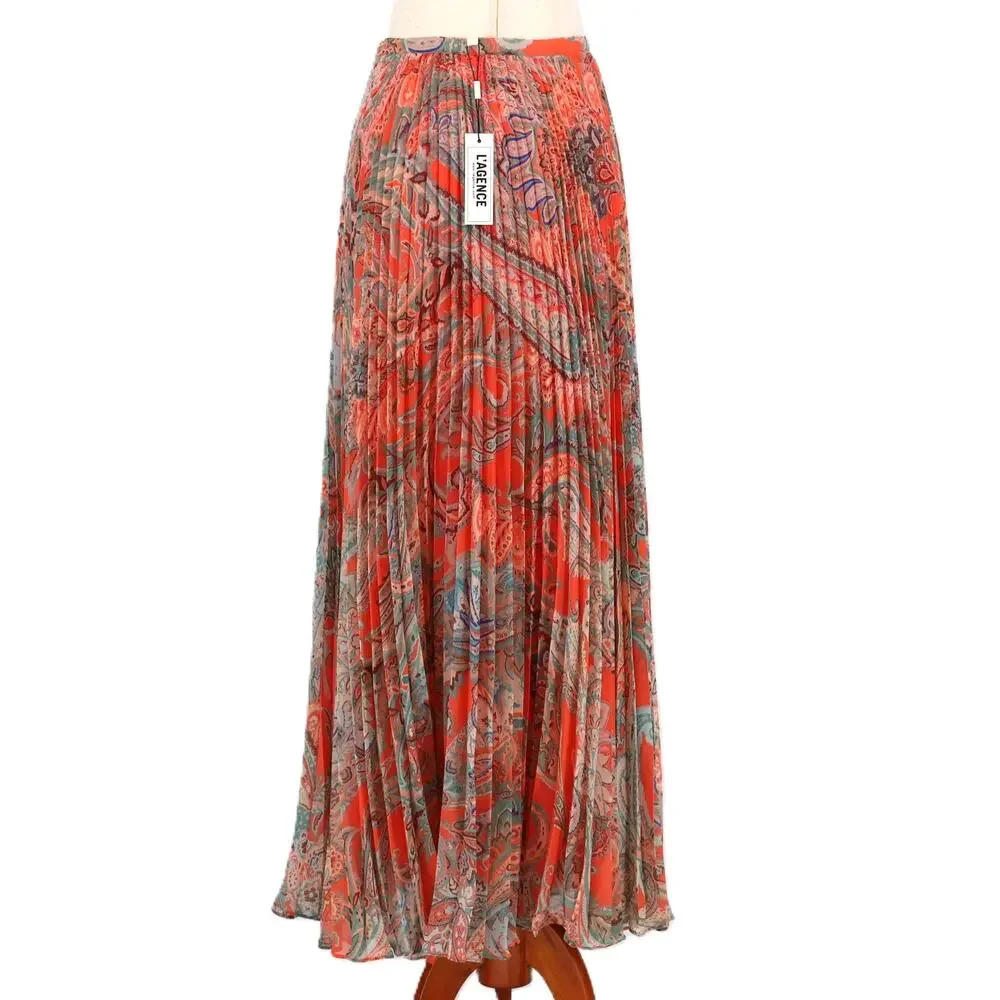 L'AGENCE Women Orange Paisley Pleated Torin Boho A-line Maxi Skirt Size US 4